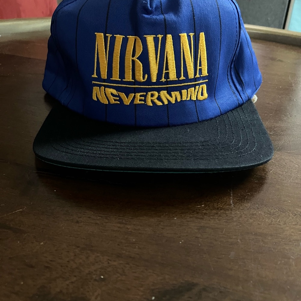 Vintage 90s Nirvana Nevermind Pinstripe SnapBack Hat Blue Yellow Kurt Cobain